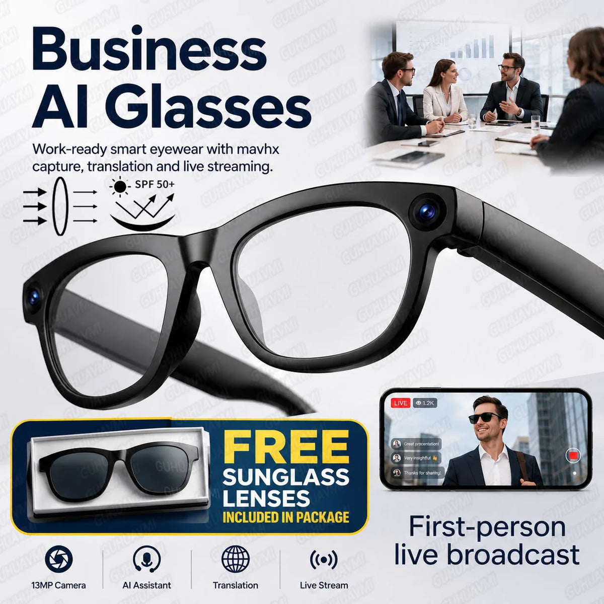 2026 Business Smart Glasses 13MP Camera AI Voice Assistant, Real-Time Translation, Meeting Notes, Live Streaming, Open-Ear Audio