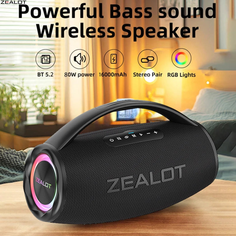 ZEALOT S97 80W Portable Bluetooth Speaker High Volume Waterproof 16000mAh Wireless TWS Subwoofer Suporrt USB/TF/AUX RGB Light.