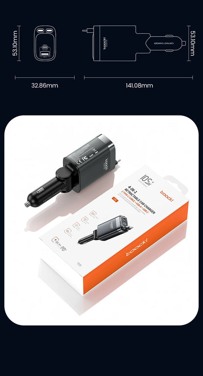 Toocki 105W Car Charger USB C Retractable Cable 0.75m PD 45W QC 3.0 SCP SFC2.0 PPS Fast Charging for iPhone 17 16 Samsung Tablet