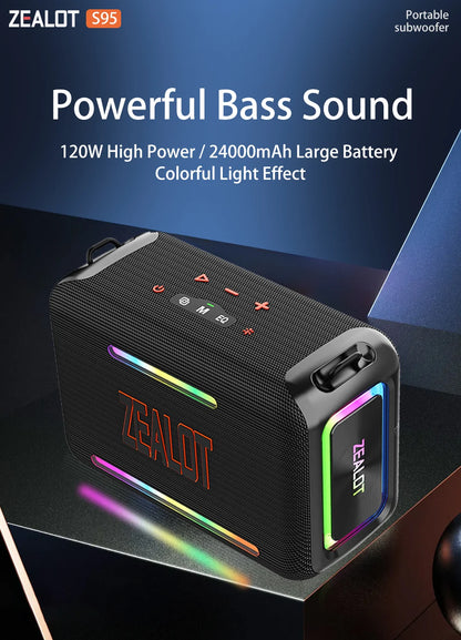 ZEALOT S95 120W Portable Bluetooth Speaker High Volume Waterproof 24000mAh Wireless TWS Subwoofer Suporrt USB/TF/AUX RGB Light.