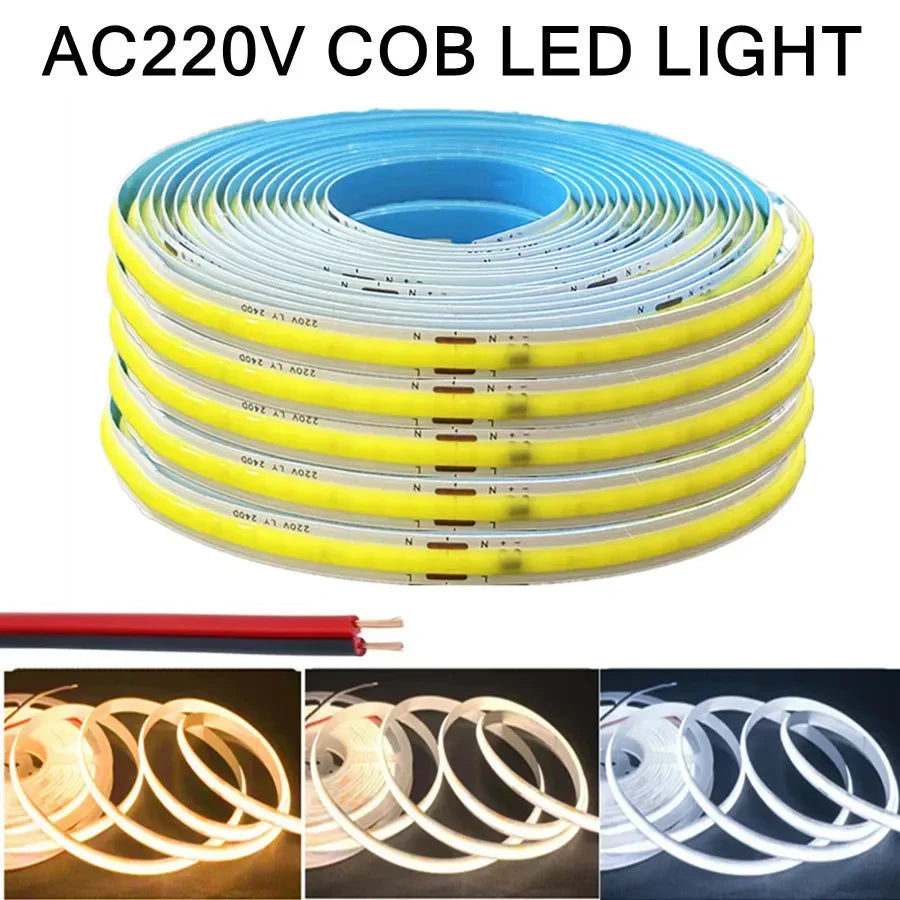 AC220V COB LED Strip Light Flexible Tape Lights Smart IC No Need Driver High Bright 240 LEDs Linear Lighting RA95 Warm White 5m