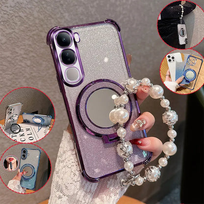Bling Glitter Lipstick Mirror Stand Phone Case For Vivo Y31 5G Y21D With Pearl Chain Girls Women's Anti-drop Shockproof Cover