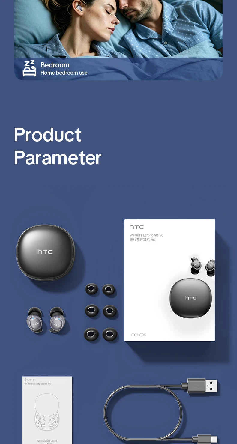 HTC NE96 Bluetooth 6.0 Wireless Earbuds Noise Cancelling Sleep Headphones 30H Battery Life Premium Acoustic Tuning Ultra-light