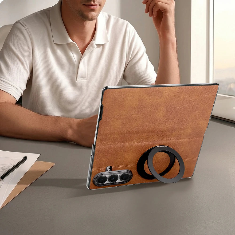 Magnetic Plain PU Leather Flip Phone Case With 360° Rotatable Ring Kickstand Holder for Samsung For Galaxy Z Fold 8 Ultra 7/6