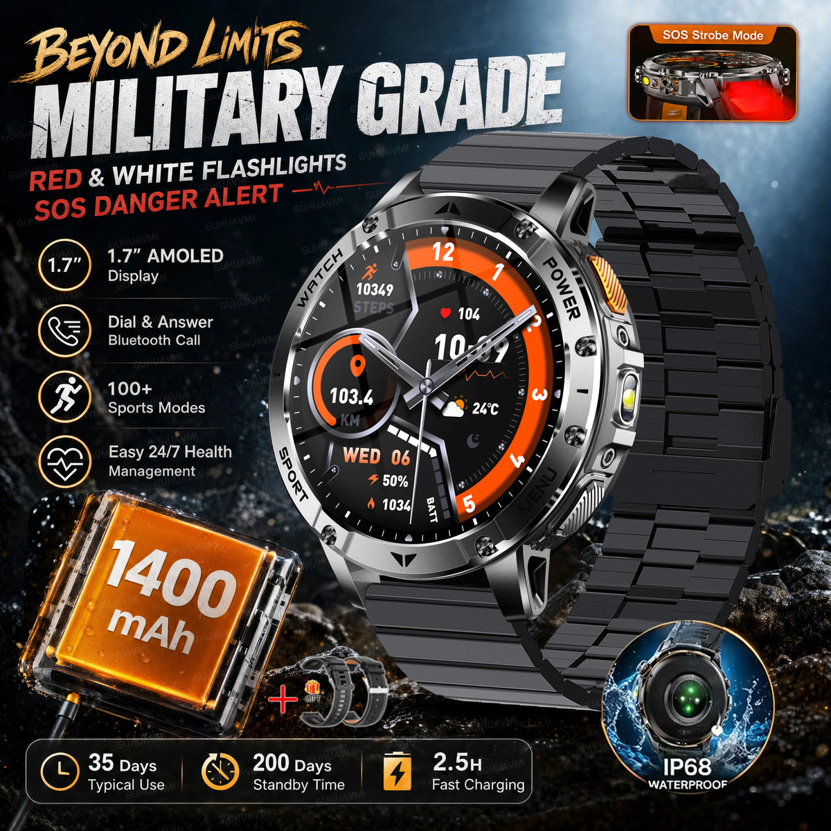 Ultra Large 1400mAh Battery Sport Smartwatch 1.7” Heart Rate Tactical Strong Flashlight 5ATM Waterproof Call Smart Watch For Men