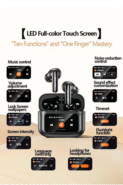 AWEI T56 ANC Wireless Bluetooth V 5.4 Earphones Noise Reduction Headphones Full-Color LED Touchscreen TWS Sport Headest With Mic
