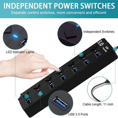 USB Hub 3.0 Multiprise USB High Speed Splitter 7 Port 5Gbps Hub Power Adapter with Switch Long Cable with Multiple Expander Hub