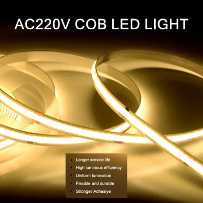 220V COB LED Strip Light Flexible Tape Lights Smart IC No Need Driver High Bright 240 LEDs Linear Lighting RA95 Warm White 1-5m