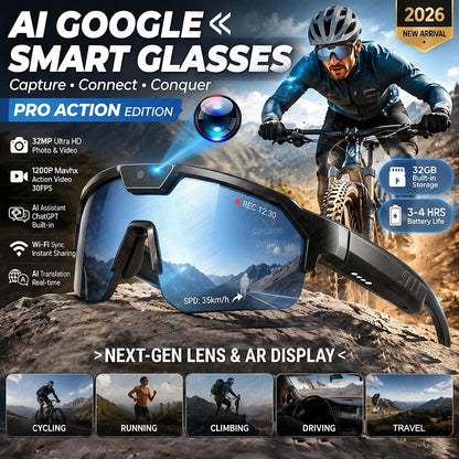 2026 New AI Smart Sports Glasses with 30MP Camera 4K Anti-shake Bicycle Riding Shooting Artifact Dual Mic 32GB Windproof Goggles