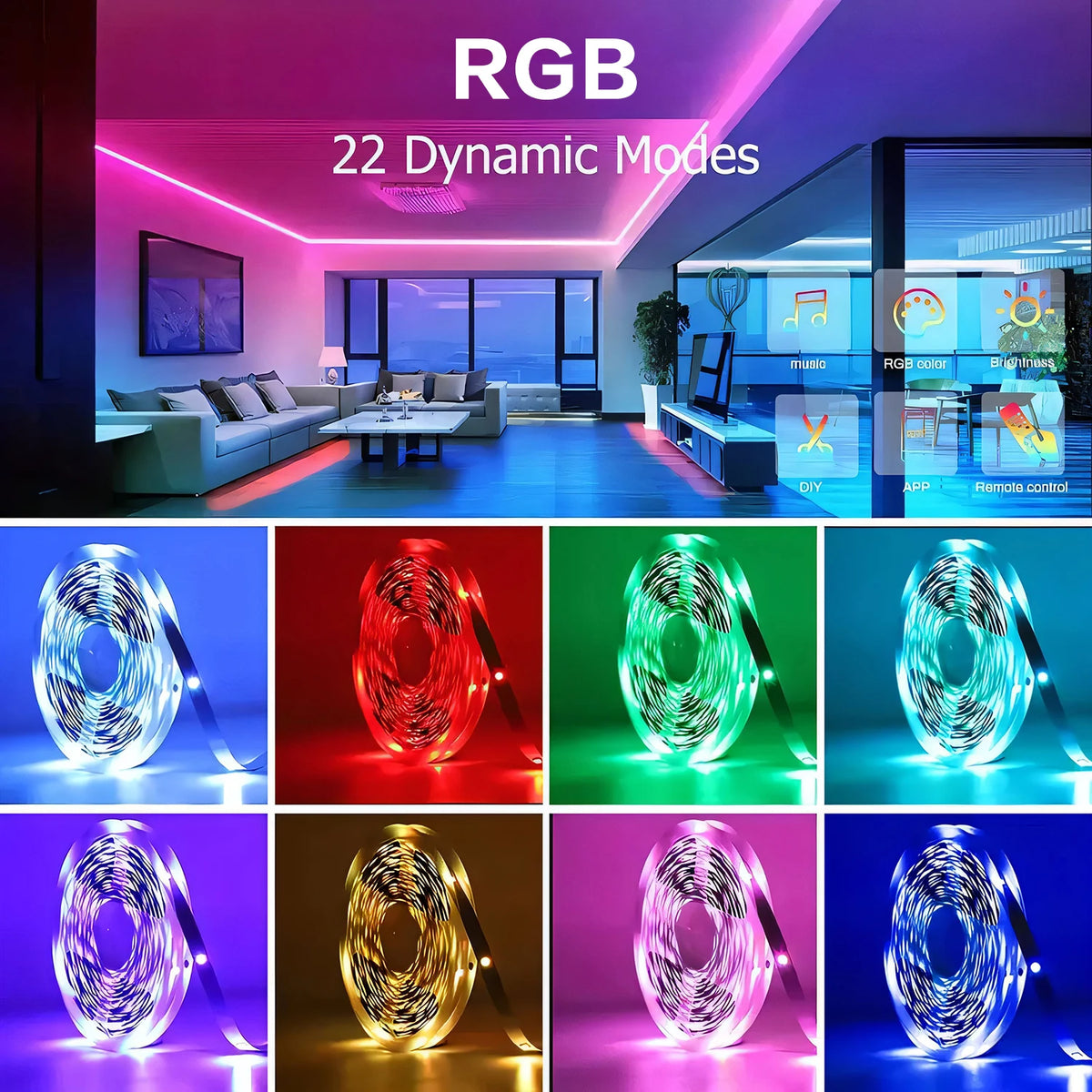 200FT RGB LED Strips Light, with 44-key Remote Control and App Control, Color-hanging LED Strips Set, RGB Music Synchronous Lighting, Suitable for Rooms, Home Decoration