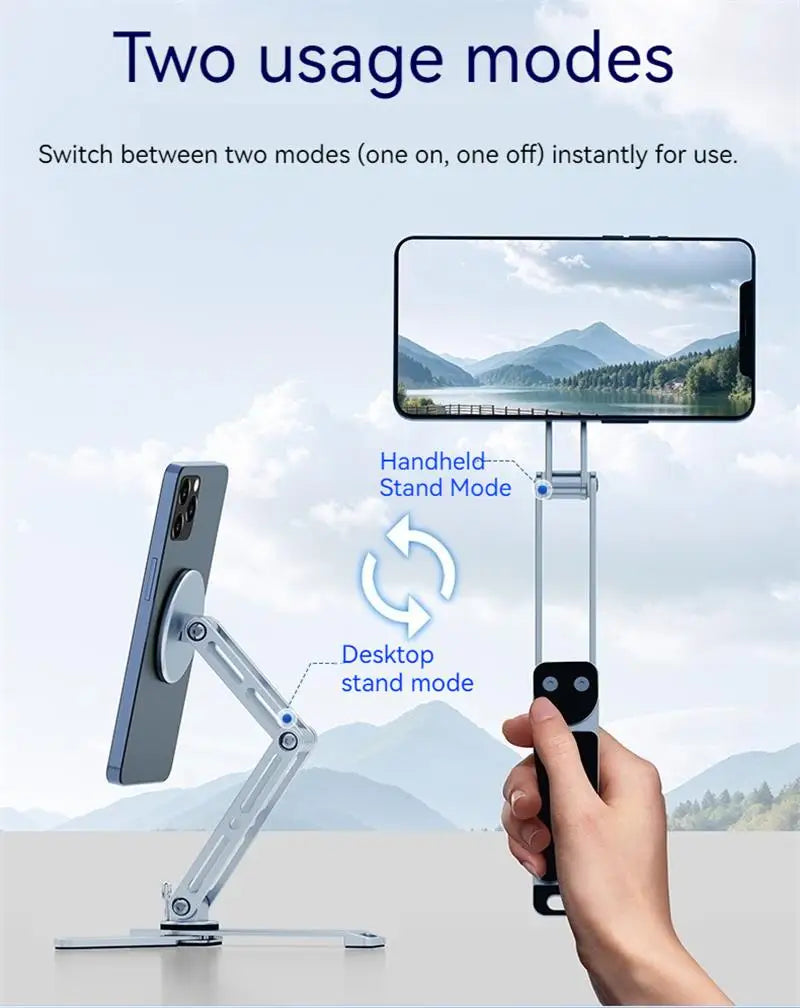 2-in-1 Alloy Magnetic Phone Stand, Foldable 360 Rotation, Handheld & Desktop Dual Use, Universal Compatible with Phone & Tablet