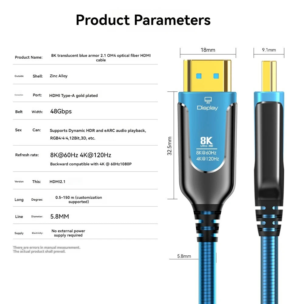 8K Armored HDMI Fiber Optic Cable 48Gbps 8K 60Hz 120Hz Ultra High Speed Armor HDMI 2.1 Cable Dynamic HDR EARC HDCP for HD TV Box