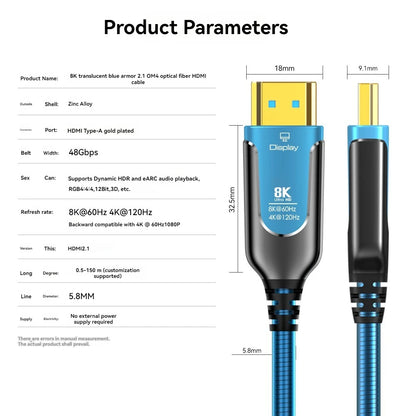 8K Armored HDMI Fiber Optic Cable 48Gbps 8K 60Hz 120Hz Ultra High Speed Armor HDMI 2.1 Cable Dynamic HDR EARC HDCP for HD TV Box