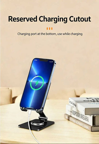 Mobile Phone Stand - Metal Desk Stand - 360° Rotating and Folding Desktop Stand for Easy Storage of Mobile Phones and Tablets