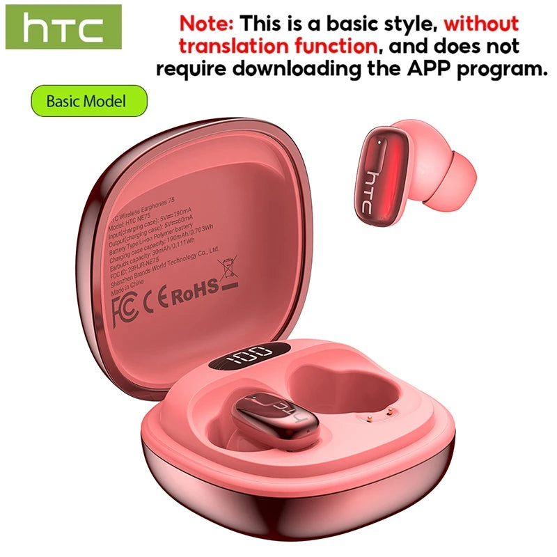 AI Translate Earbuds HTC NE75 Noise Reduction In Ear Wireless Earphone Bluetooth Compatible With Phone Laptop Computer Headphone