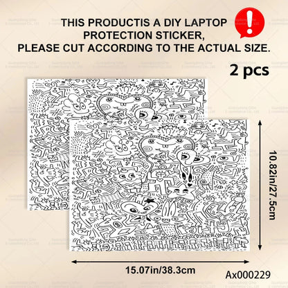 2Pcs Black White Doodle Laptop Skin, Waterproof Vinyl Graffiti Laptop Decal Art Stickers for MacBook HP Dell Universal Laptop