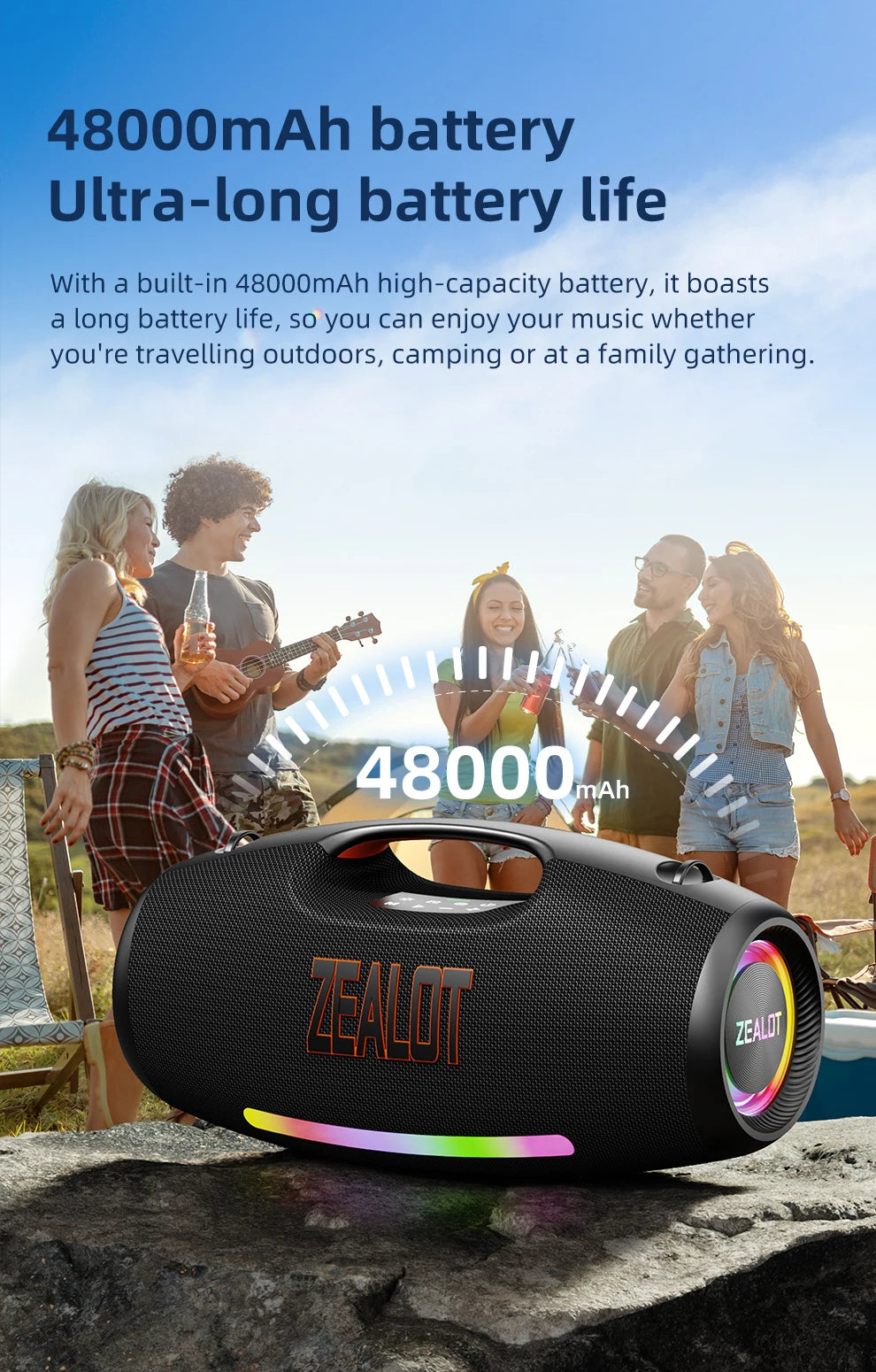 ZEALOT S89 Wireless Speaker 250W Portable Outdoor with RGB Color Lights Long 48000mAh Battery up to 8 Hours Playtime