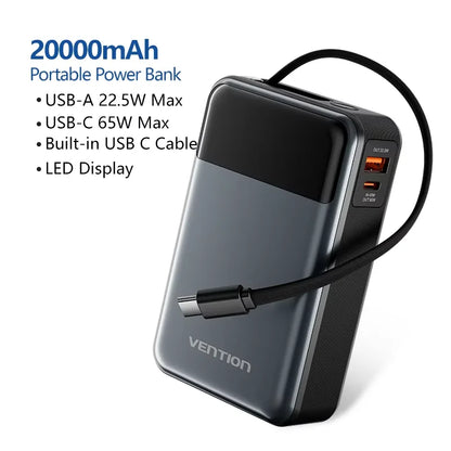 Vention 65W Power Bank 20000mAh Built-in USB-C Cable Portable Powerbank for Laptop PD Fast Charger for iPhone 18 Samsung S26 S25
