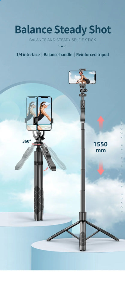 1.55m Extendable Wireless Selfie Stick Tripod with Bluetooth Remote for iPhone Android GoPro,360°Rotation Phone Stand for Videos