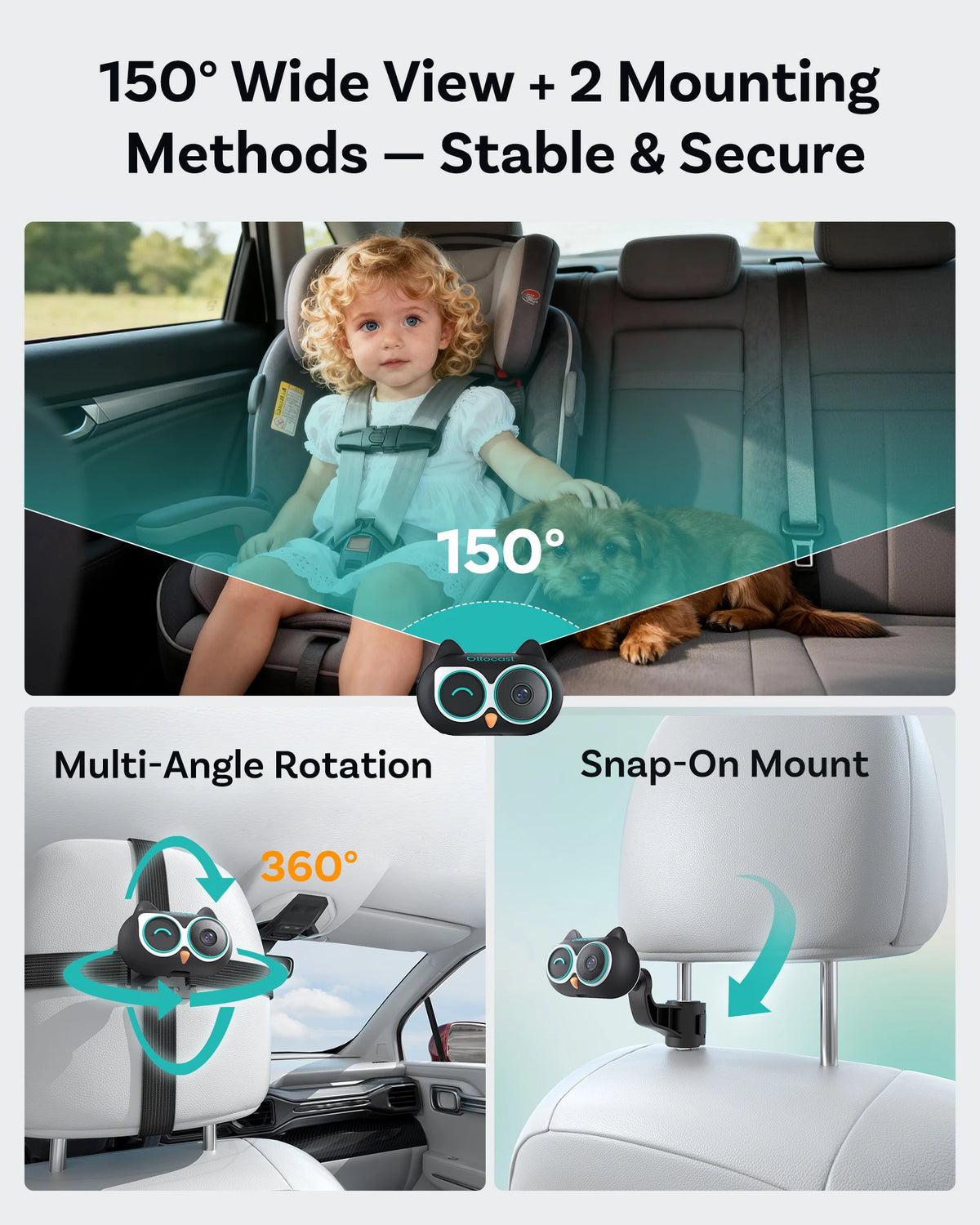 OTTOCAST Cabin Care Baby Car Camera Wireless Carplay Adapter 1080P 150° Wide Angle Night Vision Back‑Seat Monitor Easy Install