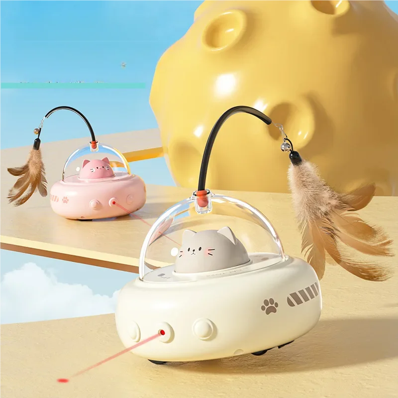 Electric UFO Smart Teaser Cat Toy with Bell Interactive Pet Teaser Stick Replaceable Feather Training Supplies for Cats