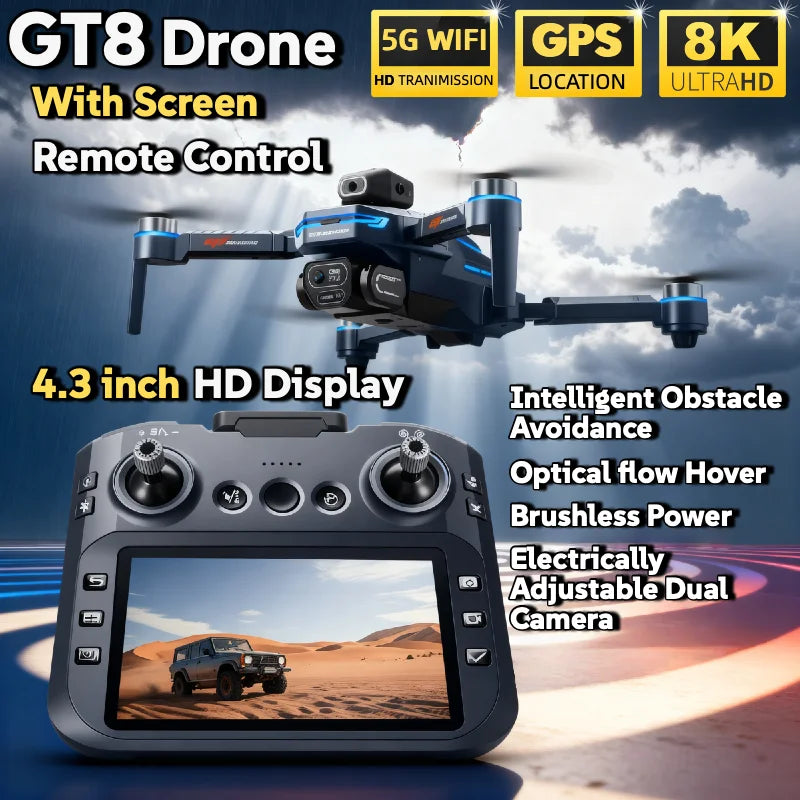 For Genuine GT8 Drone 4K Professional Dual Camera FPV GPS Brushless Motor Optical Flow Hovering Folding Quadcopter 4k 8K RC Dron