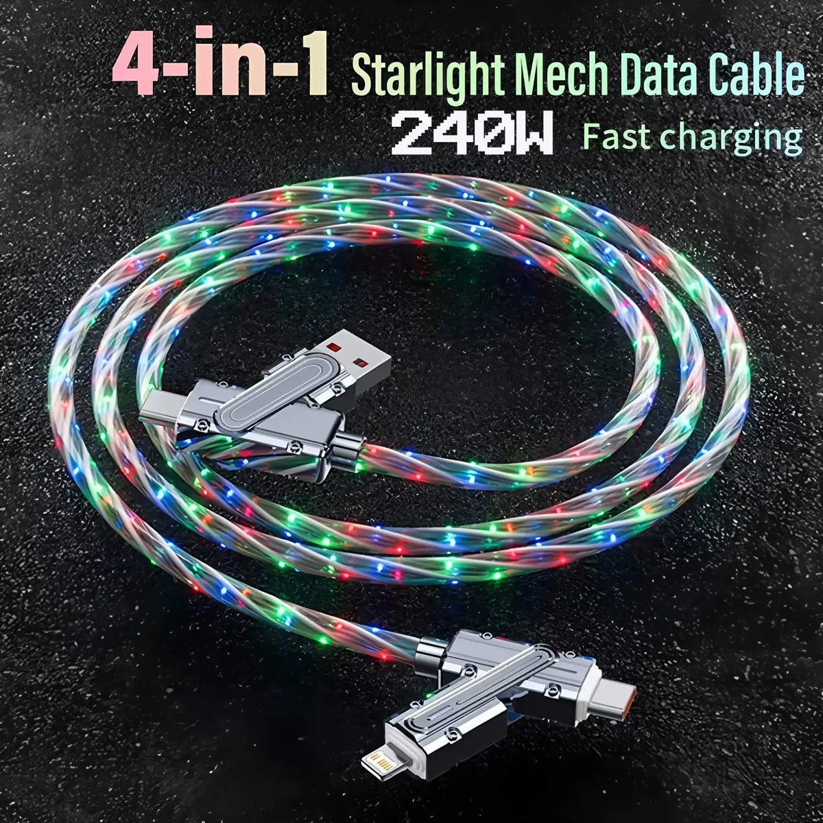 Phone Cable 240W LED Luminous USB Cable 4 in 1 Fast Charging Data Cable for iPhone 14 Pro Max Charger Cables