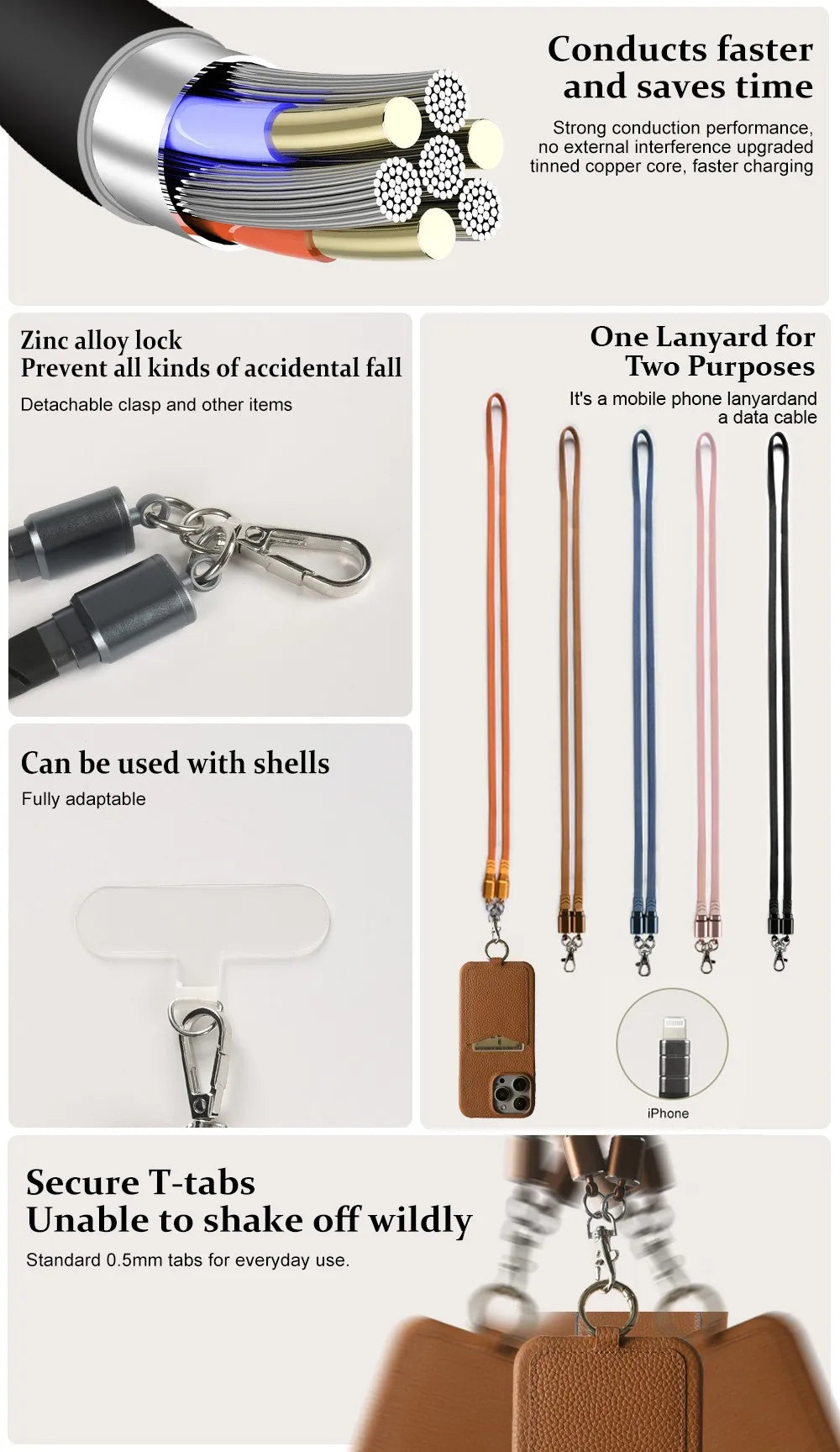 Multifunctional Charging Cable Lanyard Genuine Leather Case for IPhone 18 Pro Max 17Pro 16 15 14 13Pro Crossbody Strap Card Slot