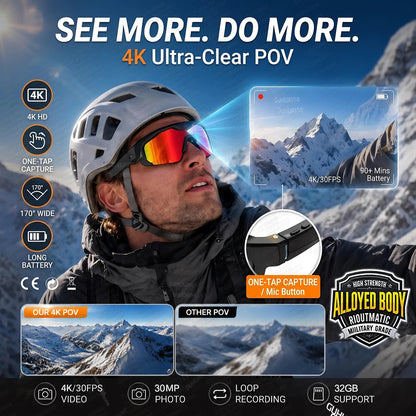 2026 New AI Smart Sports Glasses with 30MP Camera 4K Anti-shake Bicycle Riding Shooting Artifact Dual Mic 32GB Windproof Goggles