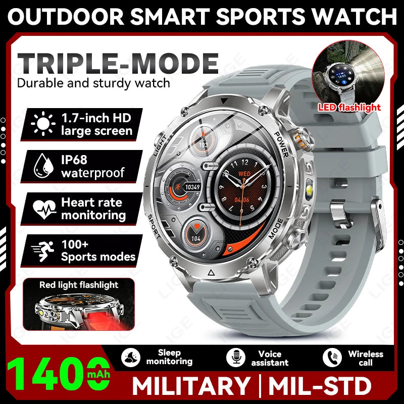 LIGE TANK Ultra 1400mAh Battery Military Smart Watch 10ATM Waterproof Heart Rate Flashlight Sports Bracelet Smartwatch Men Lady