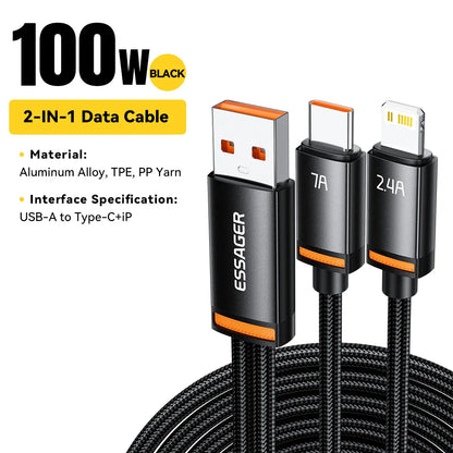 Essager 2 in 1 USB Cable 7A Charger Cable for iPhone 15 16 USB A To Type C to Lighting Cable for Macbook Samsung Xiaomi Huawei