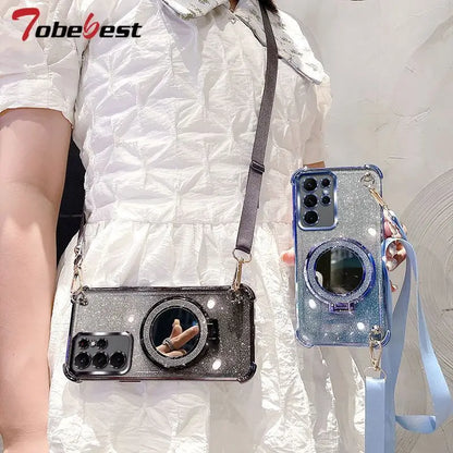 Crossbody Lanyard Glitter Shockproof Plating Case For Samsung Galaxy S25 S24 S23 S22 S21 S20 Ultra FE Plus Mirror Holder Cover
