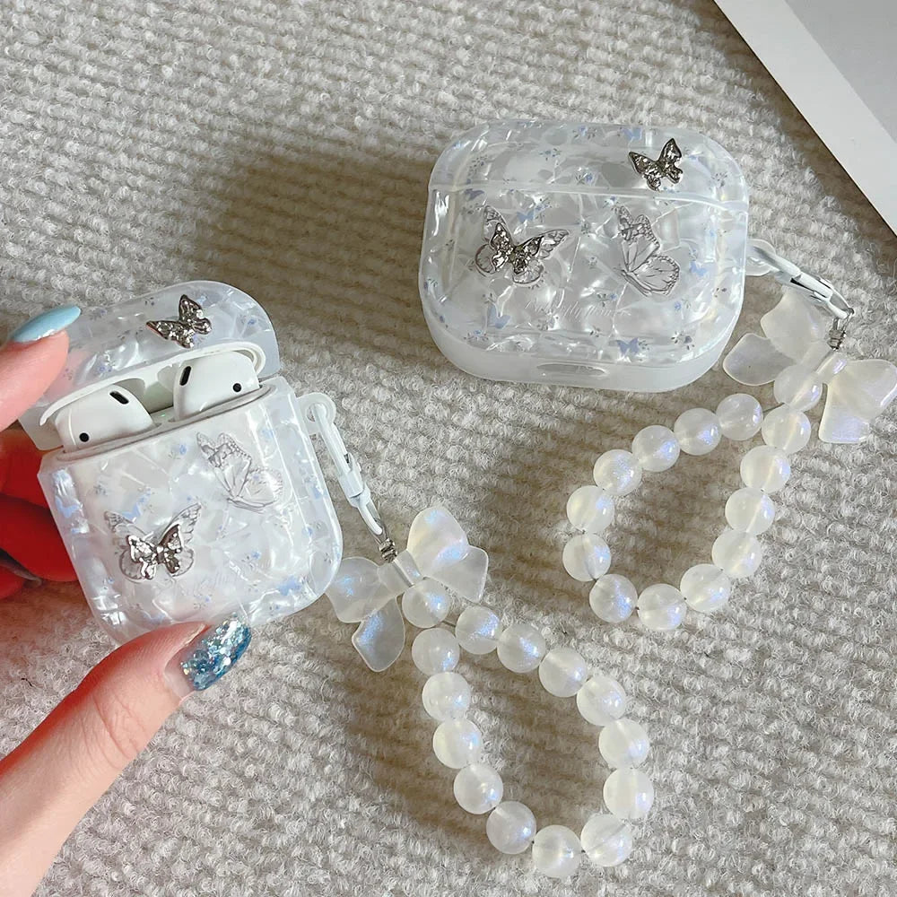 Luxury Shell Texture Metal Butterfly Girls Case For Airpods 4 Pro 2nd 1 2 Earphone Box Cover For Apple AirPod 3 Bag with Pendant