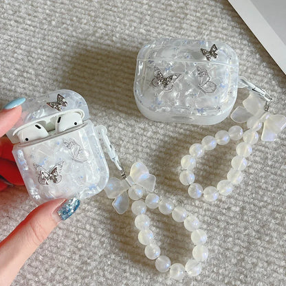 Luxury Shell Texture Metal Butterfly Girls Case For Airpods 4 Pro 2nd 1 2 Earphone Box Cover For Apple AirPod 3 Bag with Pendant