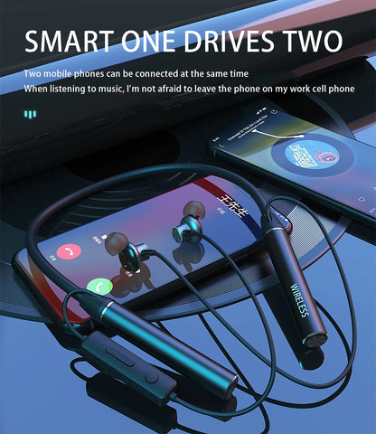 Neck-mounted TWS sports Bluetooth earphones with a metal casing, memory neckband, bendable and portable. Supports TF card playback for music. Dual battery design for ultra-long battery life. Supports simultaneous connection t