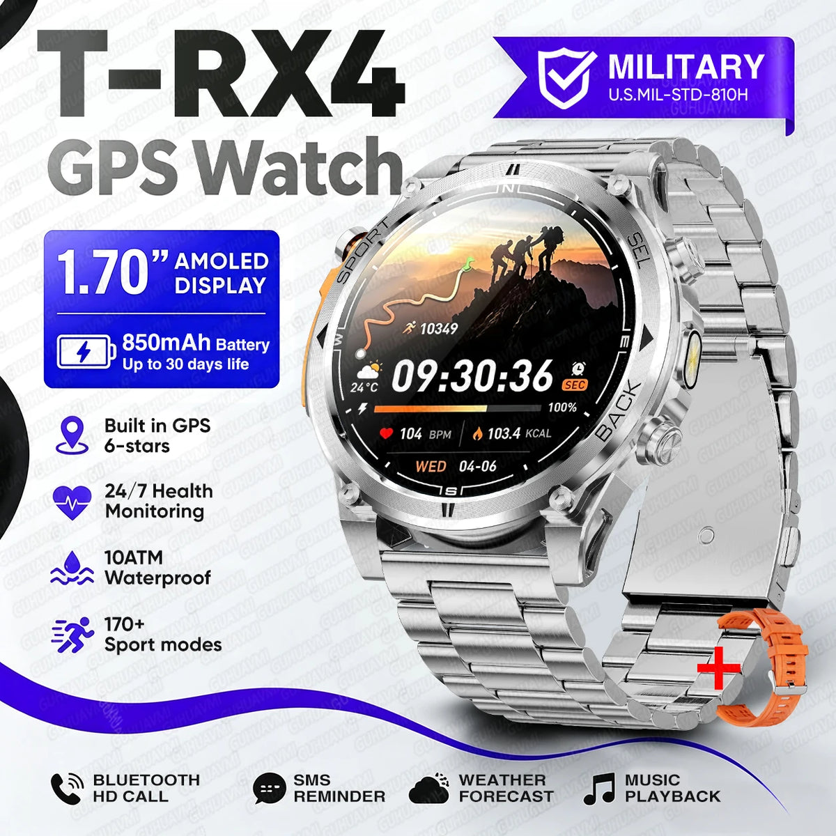 T-RX4 Ultra GPS Outdoors Military Smart Watch Men 1.7" AMOLED Compass 10ATM Waterproof 850mAh Battery Bluetooth Call Smartwatch