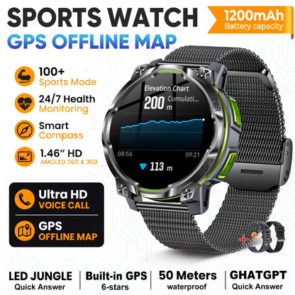 New Technology 2026 Offline Map GPS Smart Watch Men 1200mAh Battery Waterproof Compass Altimeter 100+Sports Military Smart Watch