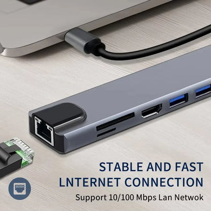 USB C HUB 4K30Hz Docking Station 8-IN-1 USB 3.0 Splitter Type C to RJ45 SD/TF Card Reader for MacBook Notebook Laptop Computer