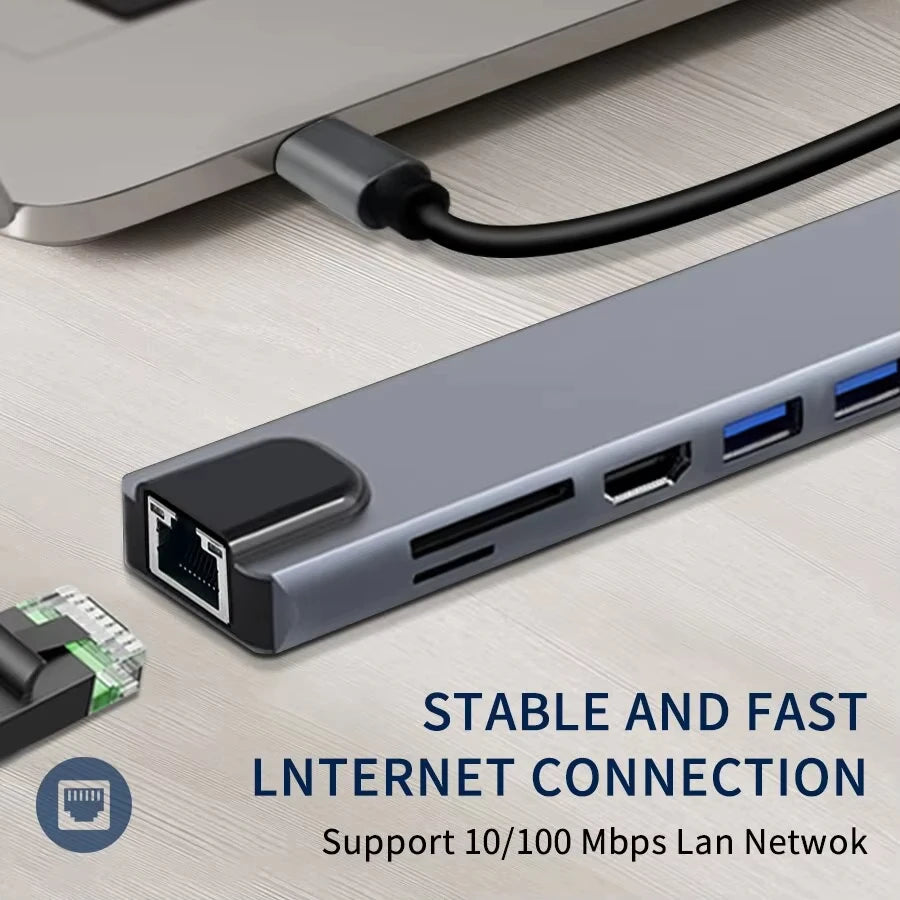 USB C HUB 4K30Hz Docking Station 8-IN-1 USB 3.0 Splitter Type C to RJ45 SD/TF Card Reader for MacBook Notebook Laptop Computer