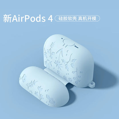 For AirPods 4th Generation Case with Cleaner Kit/Keychain Flower Engraved Silicone Shockproof Cover for 2024 AirPods 4 Case New
