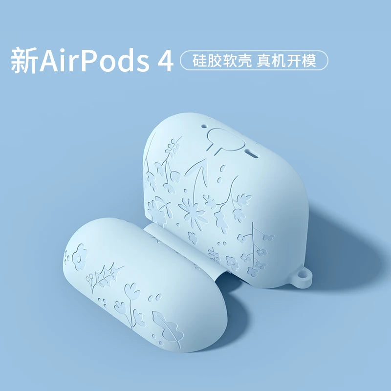 For AirPods 4th Generation Case with Cleaner Kit/Keychain Flower Engraved Silicone Shockproof Cover for 2024 AirPods 4 Case New