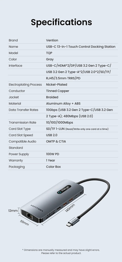 Vention 13 in 1 USB C Docking Station 8K DP Triple Display Dual 4K HDMI USB 3.2 HUB One Touch Screen Off for MacBook Pro Windows