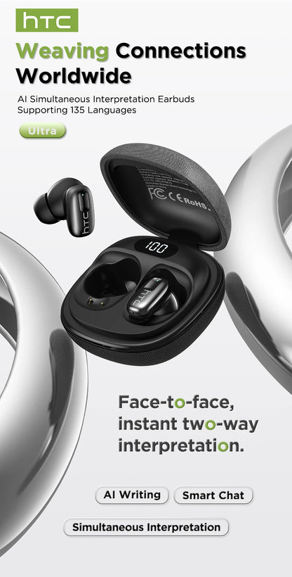 AI Translate Earbuds HTC NE75 Noise Reduction In Ear Wireless Earphone Bluetooth Compatible With Phone Laptop Computer Headphone