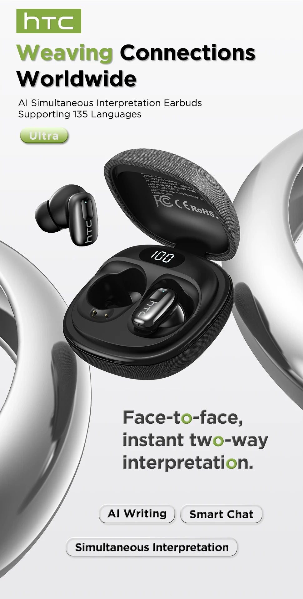 AI Translate Earbuds HTC NE75 Noise Reduction In Ear Wireless Earphone Bluetooth Compatible With Phone Laptop Computer Headphone