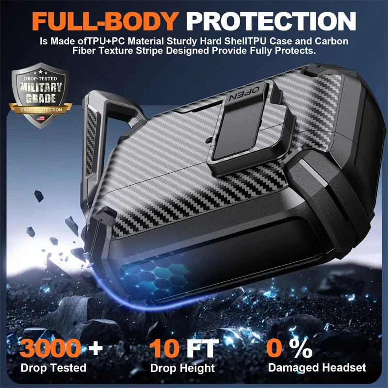 Safety Lock Carbon Fiber Phone Holder Bluetooth Headset Cover For AirPods 4 Pro 3 2 Anti Fall Protective Earphone Case With Hook