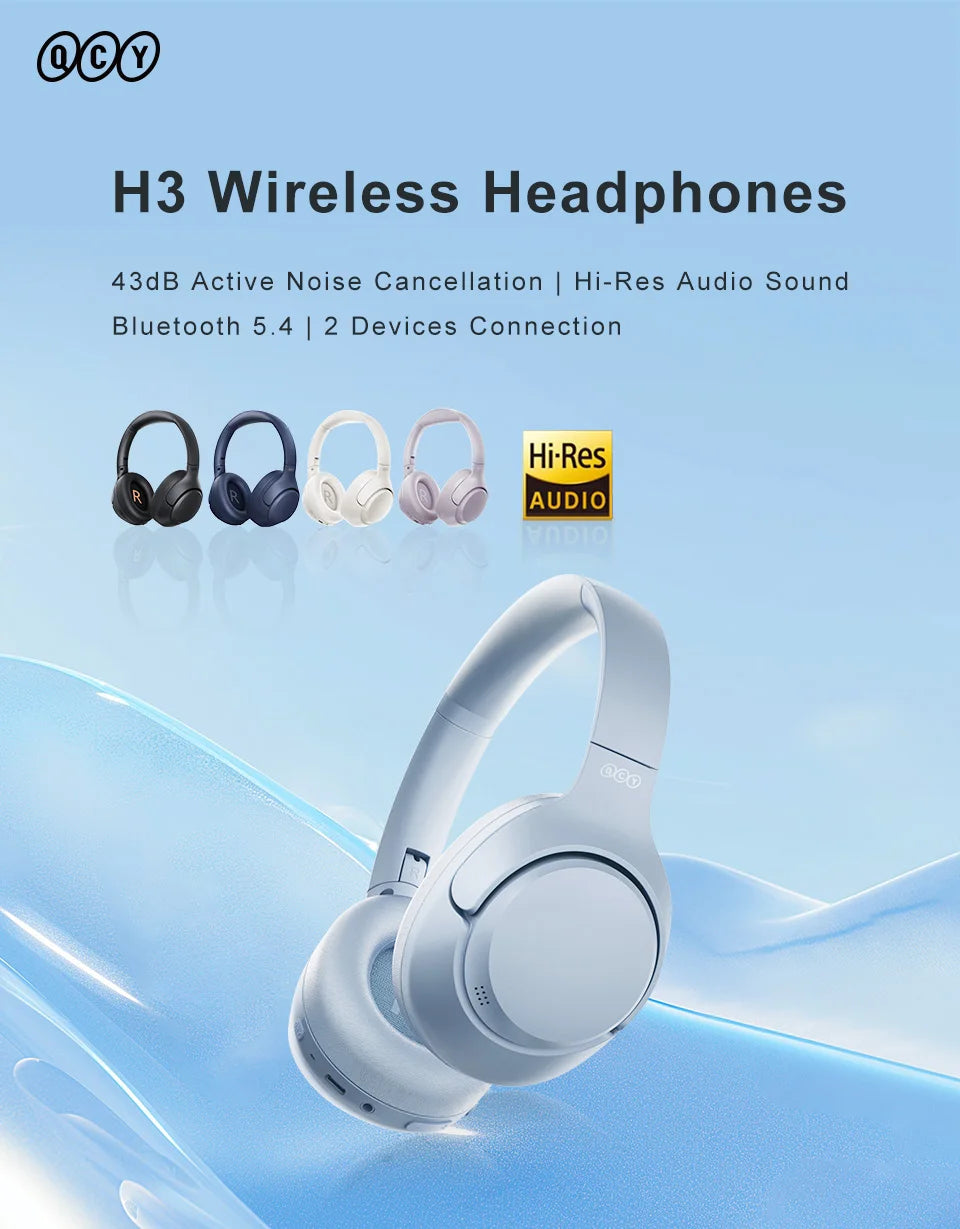 QCY H3 ANC Hi-Res Audio Wireless Bluetooth 5.4 Headphones Over Ear Headset 60Hrs 43dB Hybrid Active Noise Cancellation Earphone