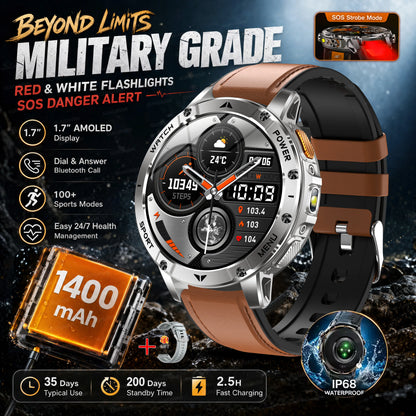 Ultra Large 1400mAh Battery Sport Smartwatch 1.7” Heart Rate Tactical Strong Flashlight 5ATM Waterproof Call Smart Watch For Men