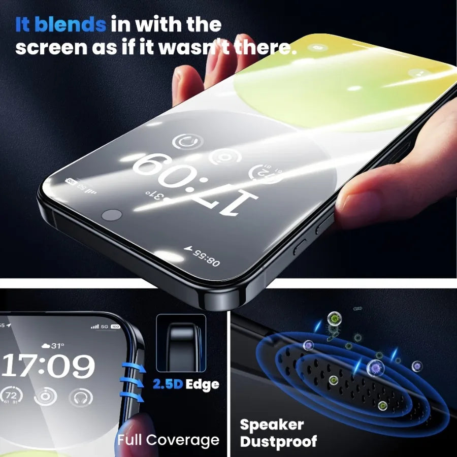 Dust Free Screen Protector For iPhone 17 Pro Max Air 18 16e 16 Plus 15 14 11 12 13 Mini XR Tempered Glass Auto-Dust Removal Kit