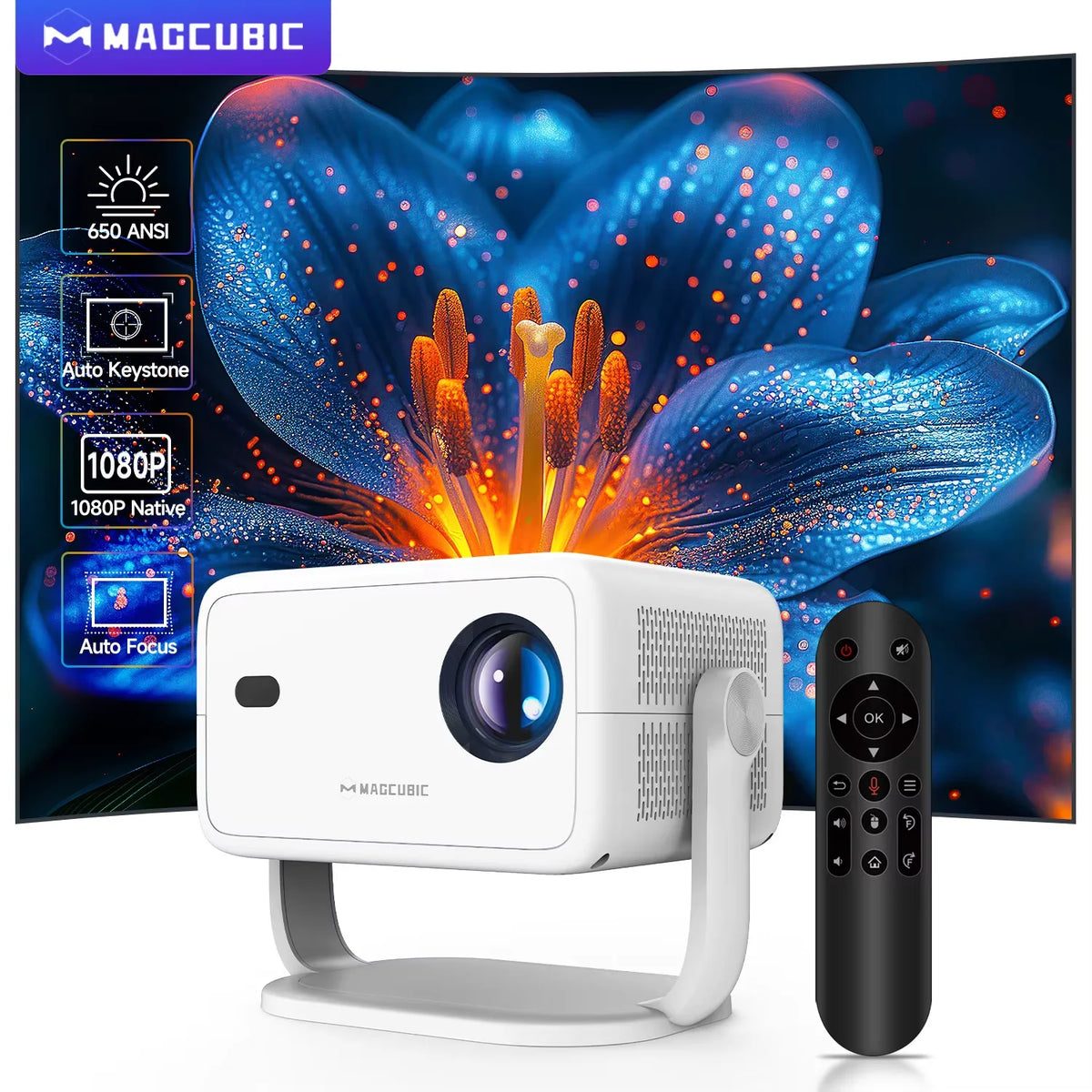 Magcubic L018 Projector 8K Native 1080P 650ANSI Auto Focus & Keystone Correction Android14 BT5.4 WIFI6 360° Portable Home Cinema