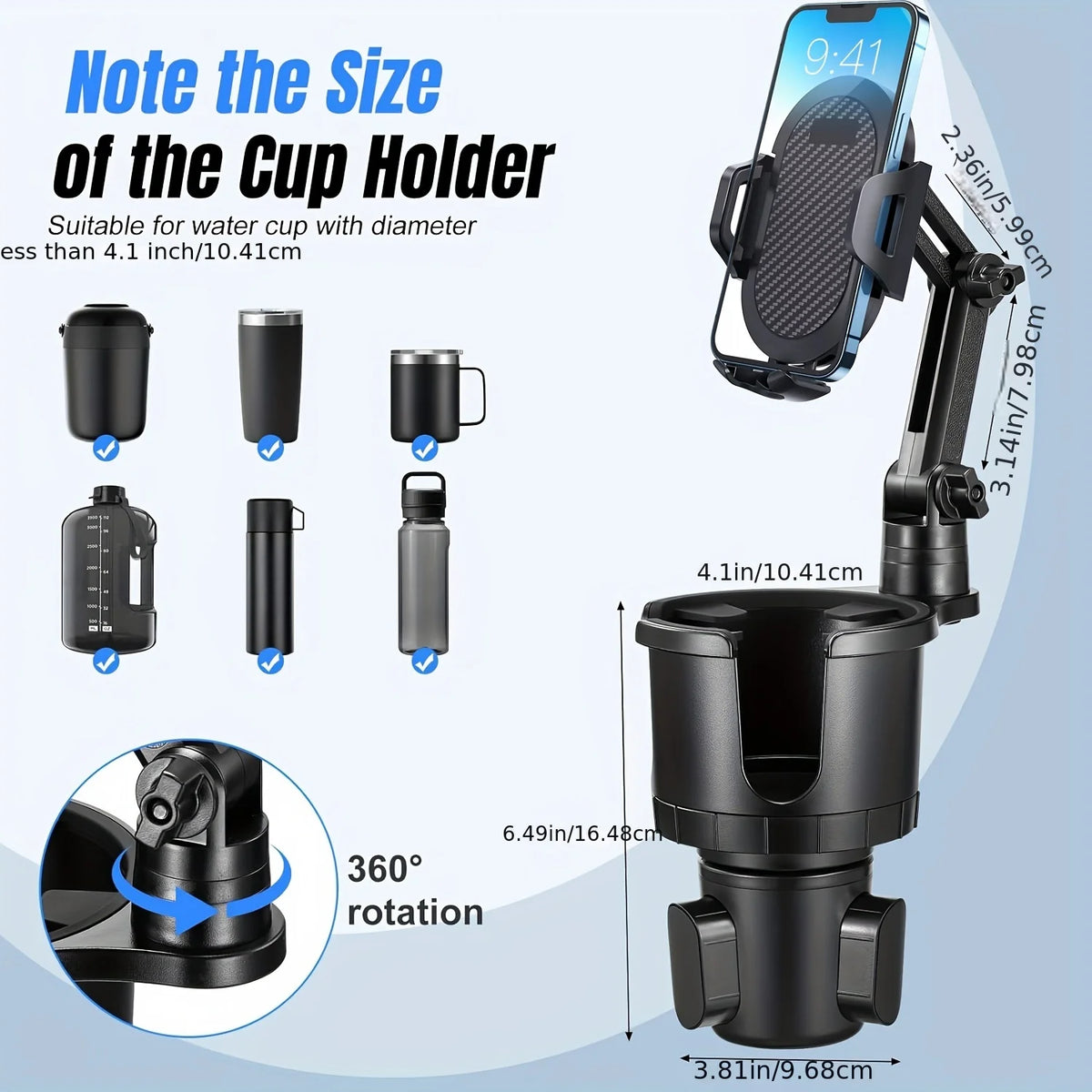 2-in-1 Car Cup Phone Mount with Adjustable Base 360-Degree Rotation Compatible with All Smartphones Travel Phone Holder